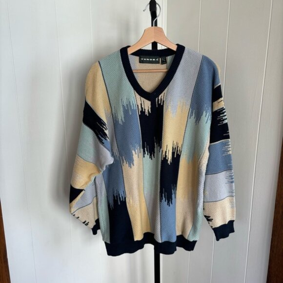 Vtg Tundra Canada Cosby Style Blue Yellow V Neck Pullover Sweater Mens L *NOTE - Picture 2 of 7